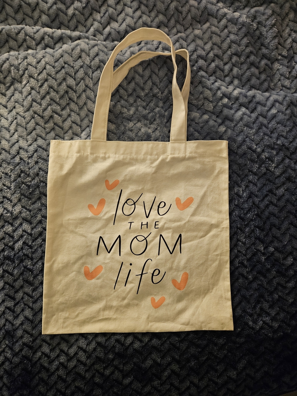 Canvas Tote Bag - Love the Mom Life - Cream with Orange Hearts